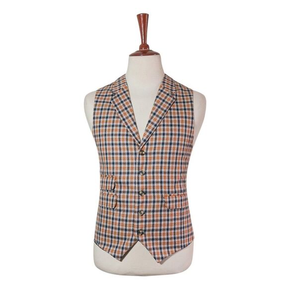Mens Wool Vest 46R Orange Blue Plaid Check Waistcoat Preppy Casual Wedding Party - Picture 1 of 8